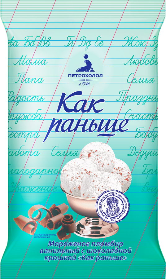 Мороженое ПЕТРОХОЛОД Как раньше Пломбир ванильный с шоколадной крошкой, без змж, брикет, 220г