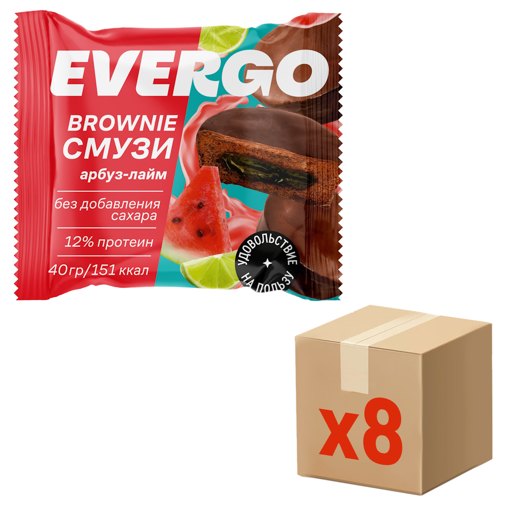 Пирожное протеиновое Evergo Брауни кейк смузи со вкусом Арбуз и лайм, 40г x 8 шт