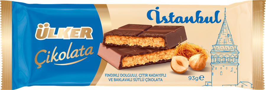 Шоколад молочный ULKER с начинкой из фундука, хрустящей крошкой кадаиф и пахлавы, 93г