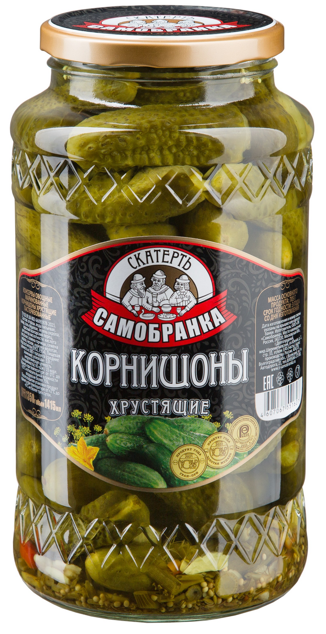 Огурцы маринованные Скатерть-Самобранка Хрустящие корнишоны, 1.415л