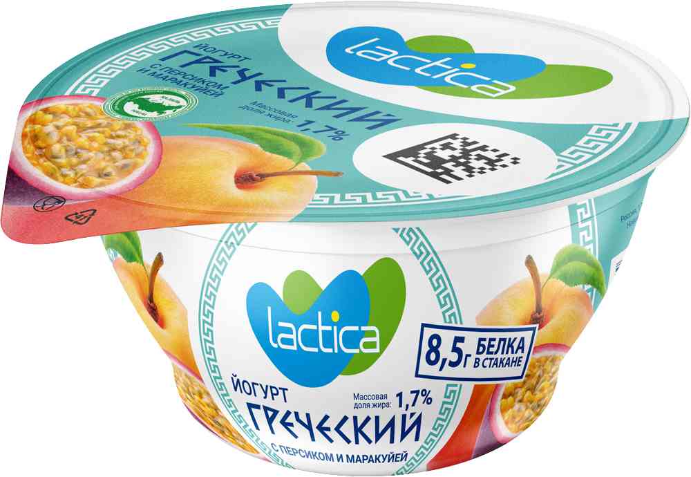Йогурт греческий Lactica двухслойный с персиком и маракуйей 1,7%, 130г