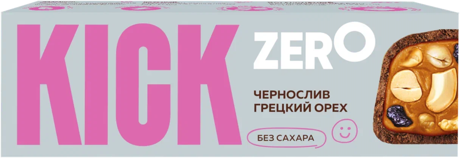 Батончик арахисовый KICK Zero, с изюмом, черносливом и грецким орехом в шоколаде, без сахара, 45г