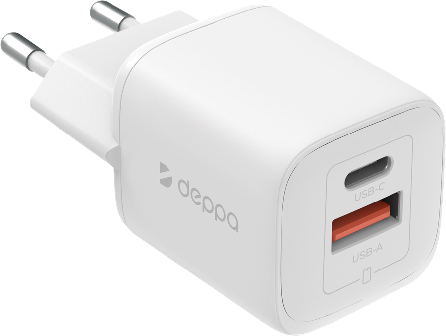 Устройство зарядное сетевое DEPPA USB-C+USB-A, PD 3.0, QC 4.0+, 20W, GaN, белое, Арт. 11490