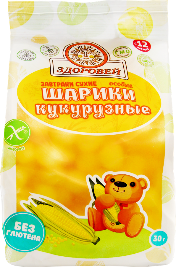 Сухой завтрак ЗДОРОВЕЙ кукурузные шарики, 30г