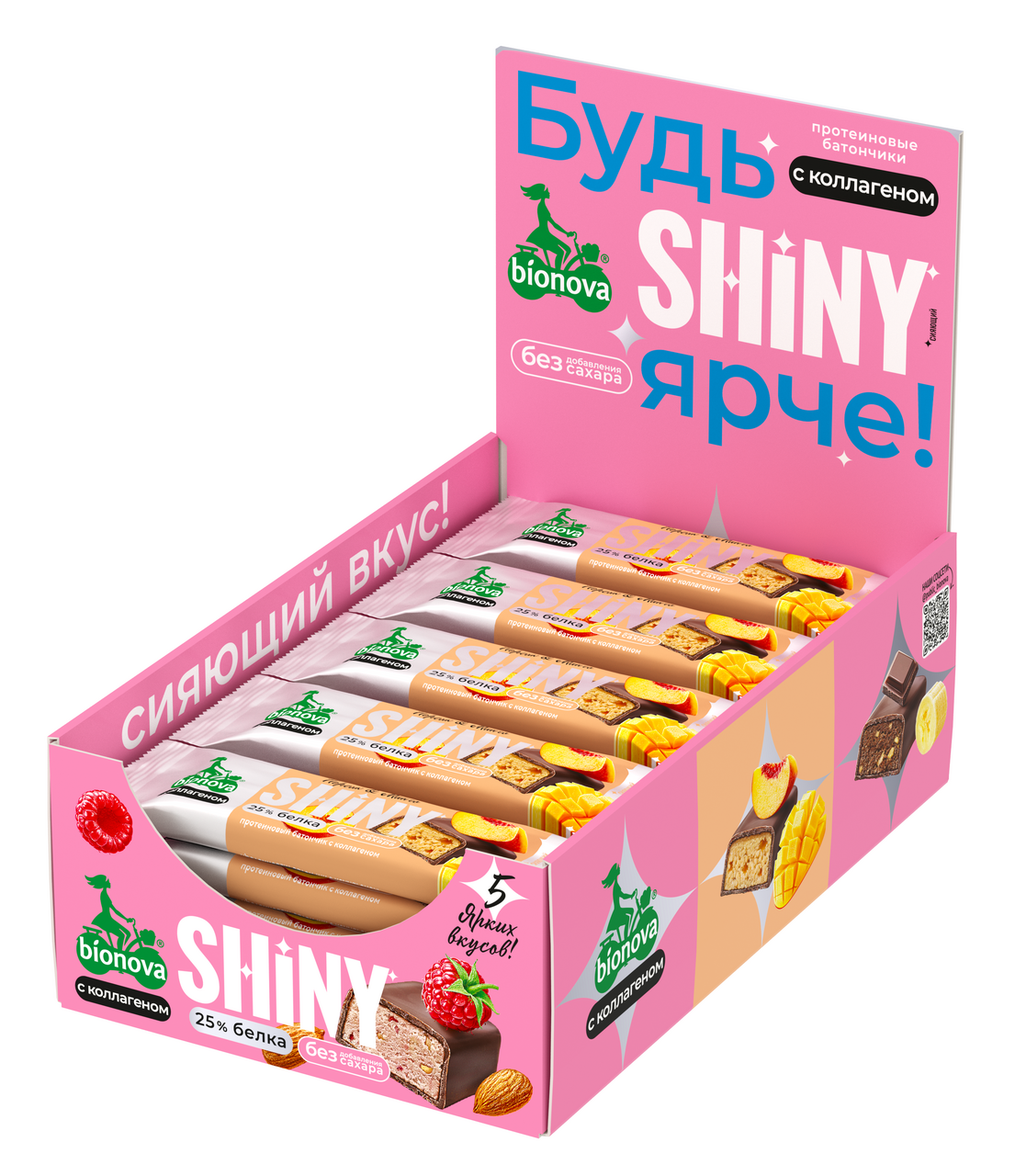 Батончик протеиновый Bionova Shiny Манго и персик без сахара, 40г x 20 шт
