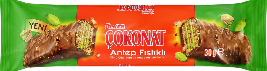 Вафля ULKER в молочном шоколаде, с кусочками фисташек и фисташковым кремом, 30г