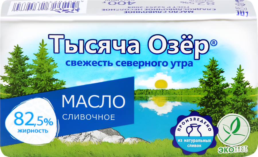 Масло сливочное ТЫСЯЧА ОЗЕР несоленое 82,5%, без змж, 400г