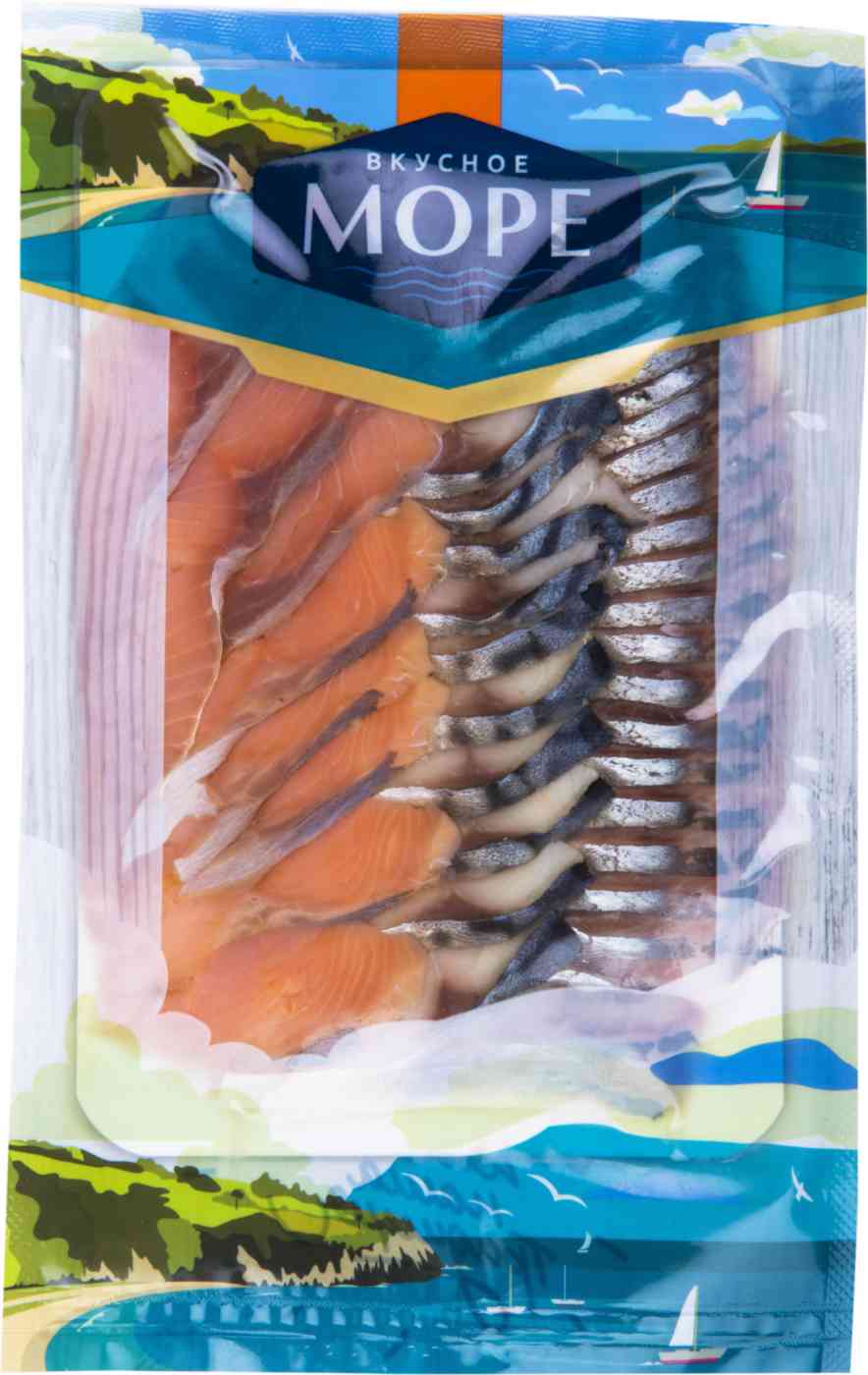 Ассорти рыбное соленое Вкусное море горбуша, сельдь, скумбрия ломтики, 150г