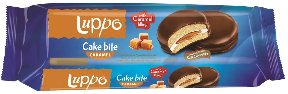 LUPPO CARAMEL cендвич-кекс в молочном шоколаде с маршмеллоу и карамельной начинкой 182г