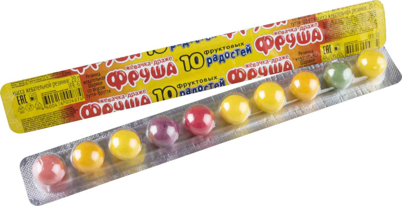 Жевательная резинка Фруша 10 фруктовых радостей со вкусом Тутти-фрутти, 20г