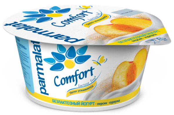 Йогурт густой Parmalat Comfort персик-куркума без лактозы 3%, 130г