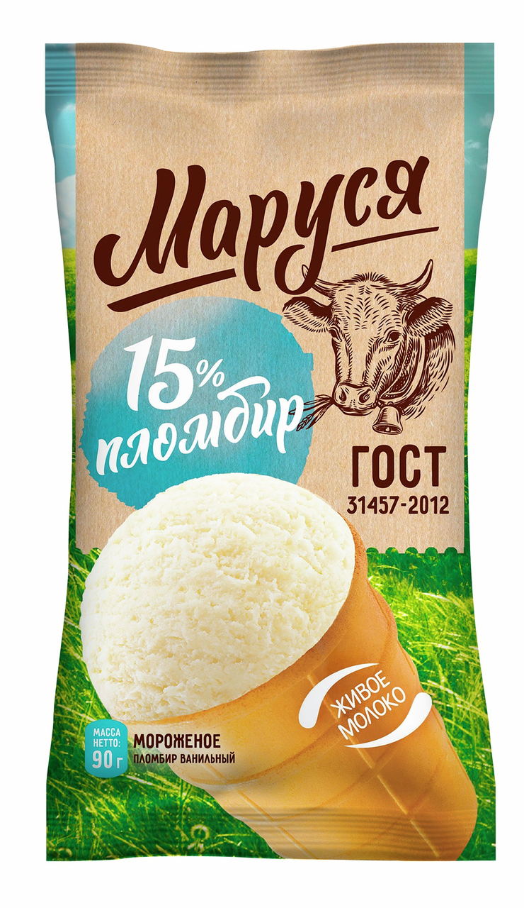 Мороженое пломбир Маруся Ванильное в вафельном стаканчике 15%, 90г