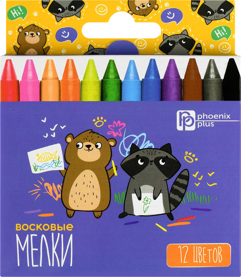Мелки восковые ФЕНИКС+ Мишка и енот, 12 цветов, Арт. 69654, 12шт