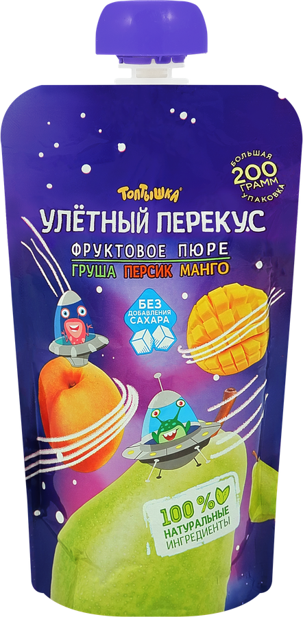 Пюре ТОПТЫШКА Улетный перекус груша, персик и манго, с 3 лет, 200г