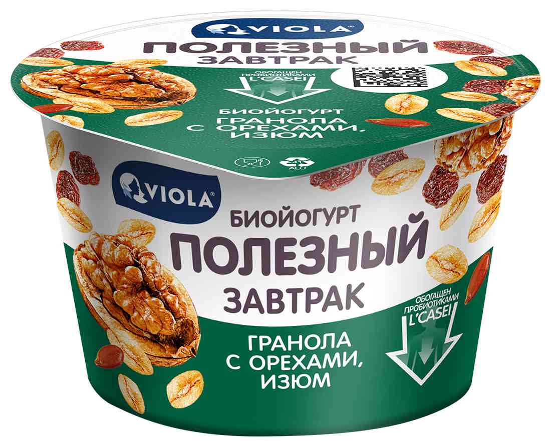 Биойогурт Viola Полезный завтрак Гранола с орехами и изюм 5%, 180г