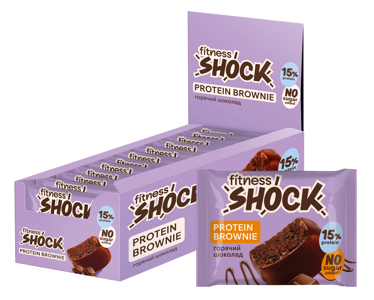 Пирожное протеиновое Fitness Shock Брауни со вкусом Горячий шоколад, 50г x 12 шт