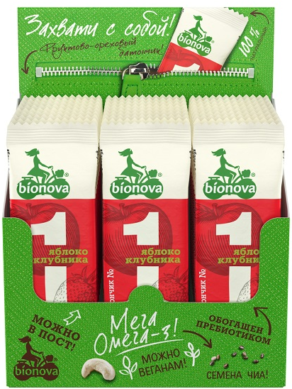 Батончик фруктово-ореховый Bionova No1 с яблоком и клубникой, 35г x 24 шт