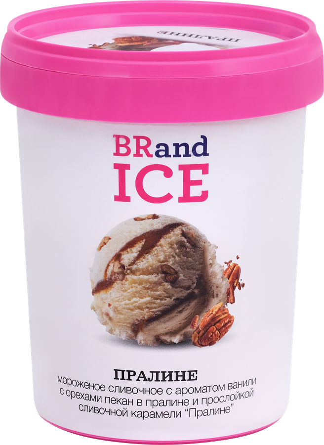 Мороженое BRAND ICE Пралине, сливочное с ароматом ванили и орехом пекан 12%, без змж, пластиковый стакан, 500г