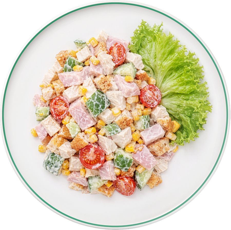 Салат из ветчины, куриного филе, кукурузы и помидоров черри