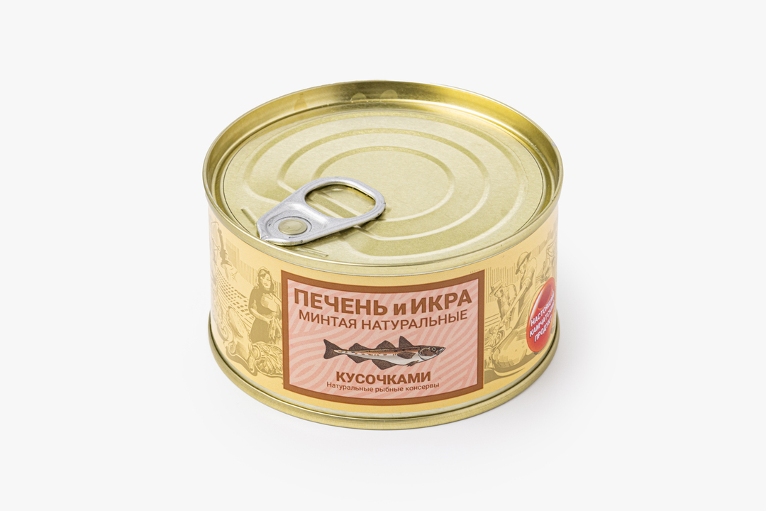 Печень и икра минтая натуральные кусочками, 185 г