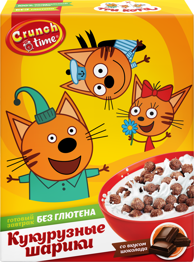 Готовый завтрак CRUNCH TIME Три кота, шарики с шоколадным вкусом, 170г