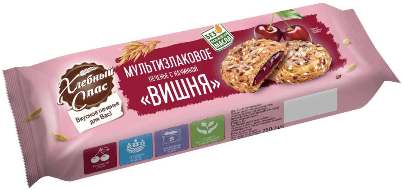 Печенье сдобное Хлебный Спас мультизлаковое с начинкой вишня, 250г