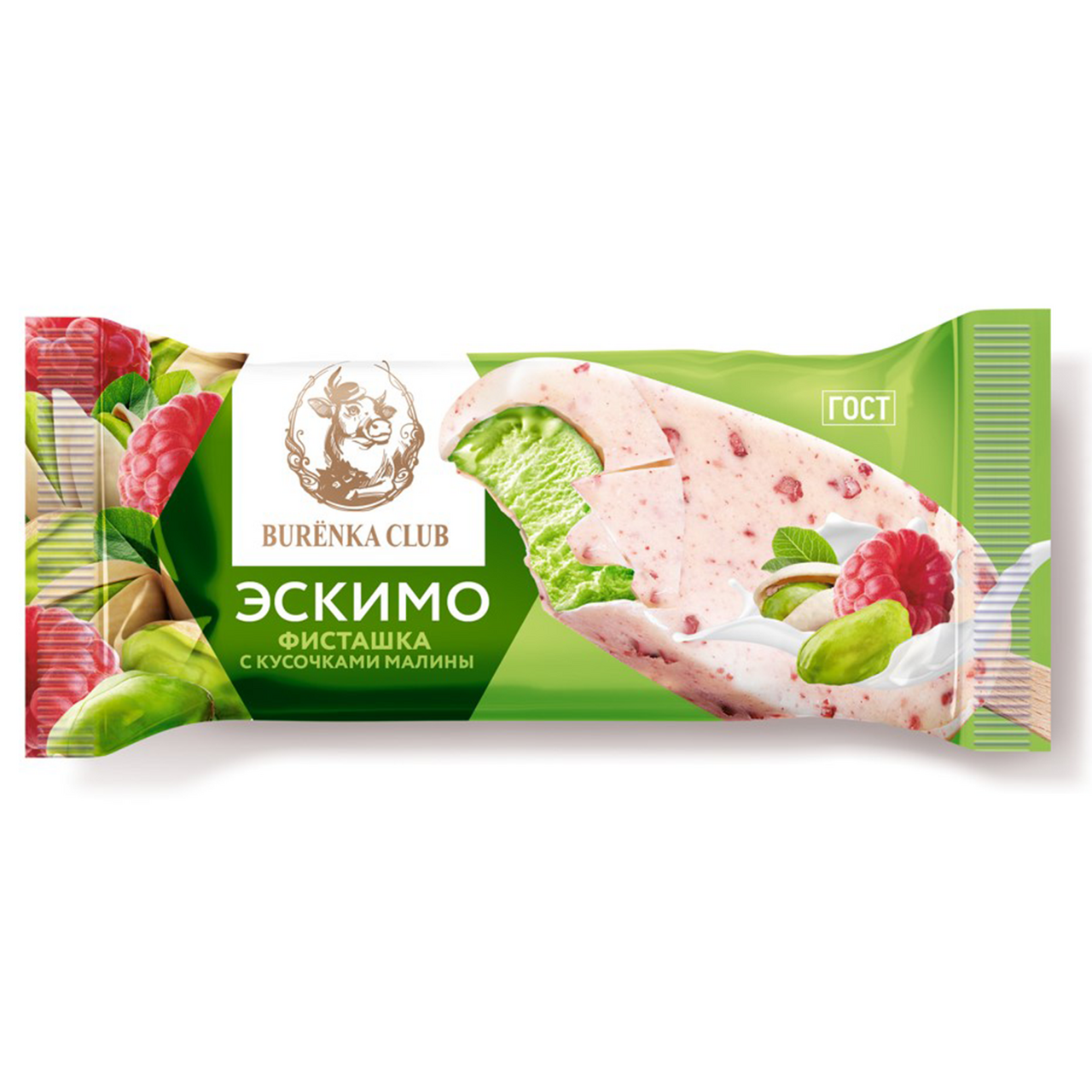 Мороженое пломбир Burenka Club Фисташка с кусочками малины эскимо ГОСТ 15%, 70г