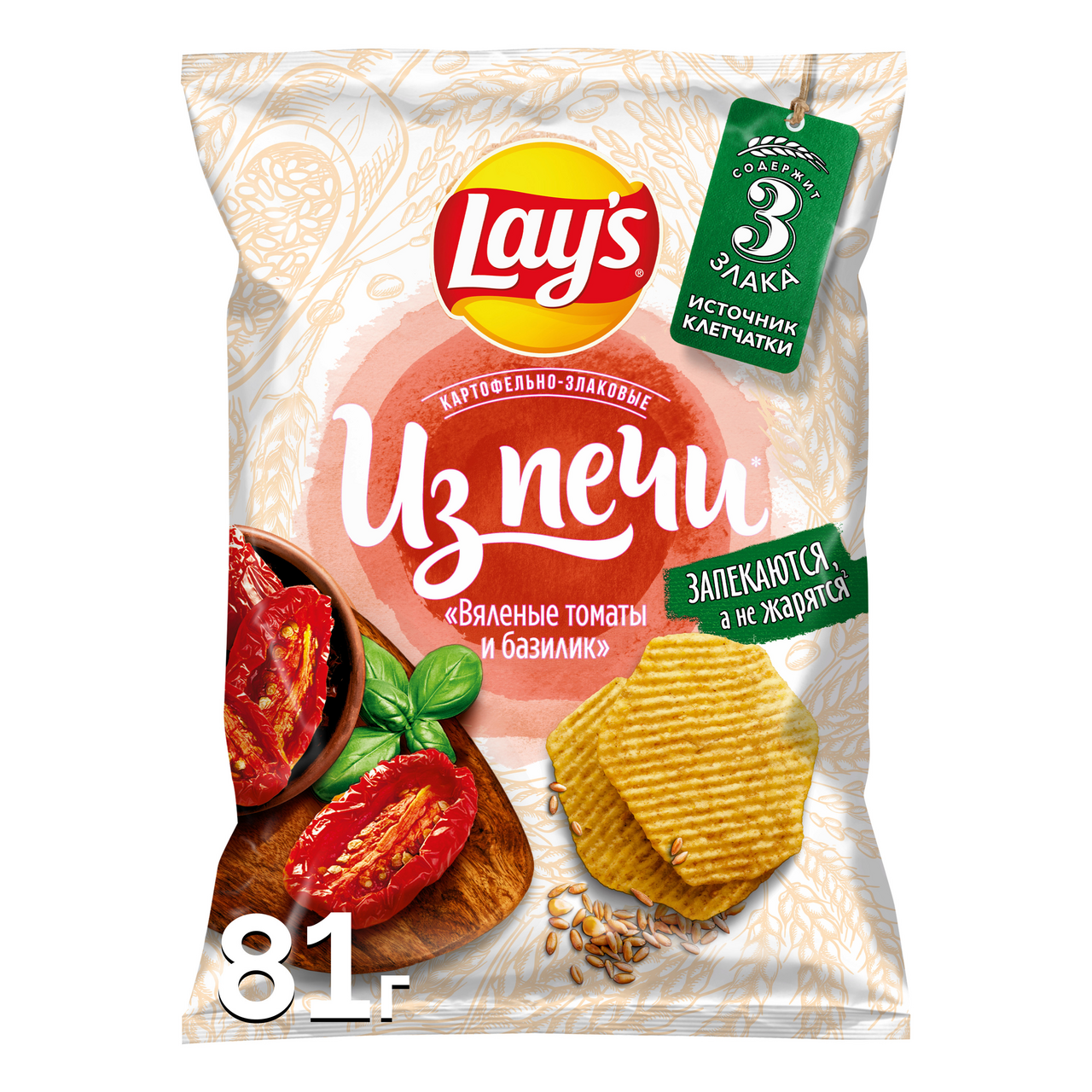 Чипсы запеченные картофельные Lay's Из печи картофельно-злаковые вяленые томаты-базилик, 81г