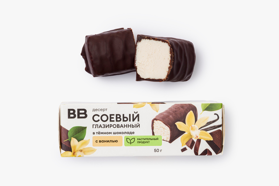 Десерт глазированный соевый в темном шоколаде с ванилью