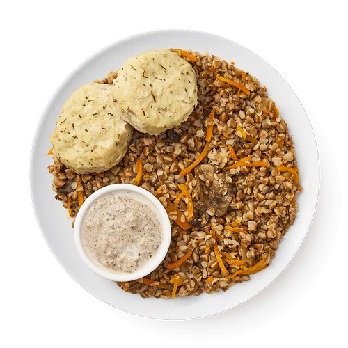 Котлеты из курицы и индейки на пару с капустой, гречкой и грибным соусом «Из Лавки»