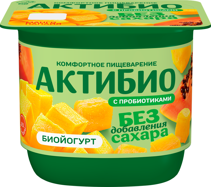Йогурт АКТИБИО с манго и папайей, без сахара 3%, без змж, 130г